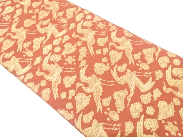 アンティーク　鶴に瑞雲・宝尽くし模様織り出し全通袋帯（着用可）